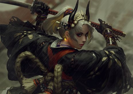 Обои на рабочий стол Девушка - воин с катаной в руках, by GUWEIZ