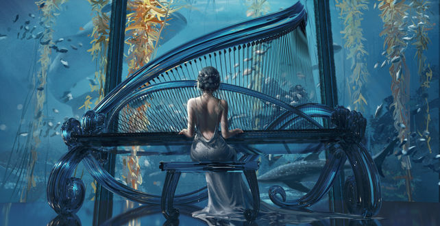 Обои на рабочий стол Девушка играет на рояле, Вода / Water, by Wang Ling / WLOP