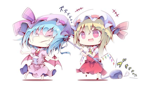 Обои на рабочий стол Flandre Scarlet / Фландр Скарлет, Remilia Scarlet / Ремилиа Скарлет из аниме Тохо / Touhou Project, by Wlop / Wang Ling