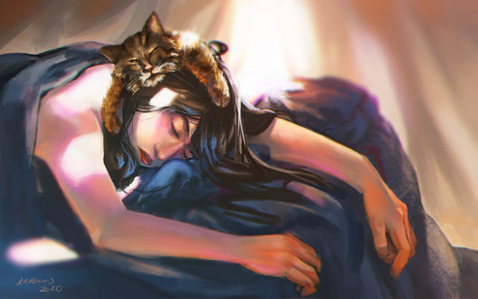 Обои на рабочий стол Спящая девушка с кошкой на голове, by Karolus Wijaya