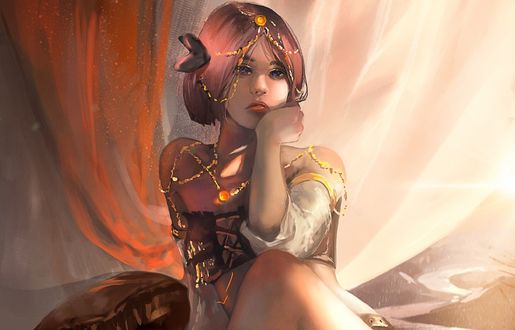 Обои на рабочий стол Девушка сидит на фоне штор, держа руку у лица, by Karolus Wijaya