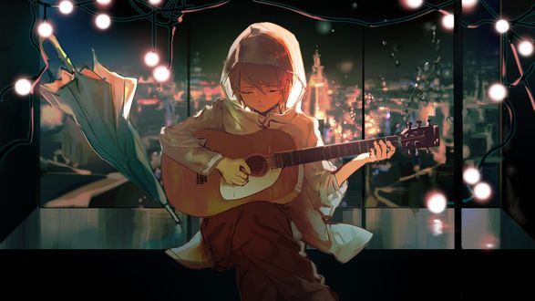 Обои на рабочий стол Vocaloid Kagamine Len / Вокалоид Кагамине Лен играет на гитаре