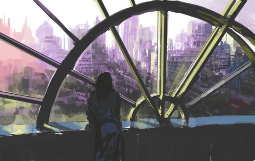 Обои на рабочий стол Девушка любуется городским пейзажем через окно, by slow D