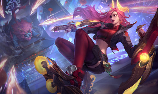 Обои на рабочий стол Miss Fortune / Мисс Фортуна, Katarina / Катарина арт к видеоигре League of Legends / Лига Легенд, by Tina Wei