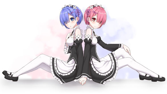 Обои на рабочий стол Rem / Рем и Ram / Рам из аниме Re:Zero kara Hajimeru Isekai Seikatsu / Re:Zero. Жизнь с нуля в альтернативном мире