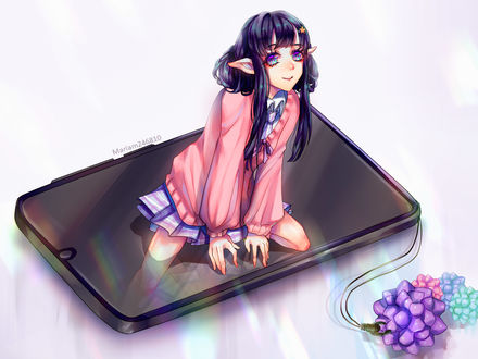 Обои на рабочий стол Эльфийка с радужными глазами сидит на смартфоне, by mariam246810