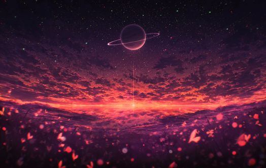 Обои на рабочий стол Цветущее поле под облачным небом с планетой, by miloecute