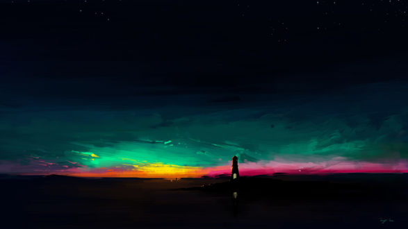 Обои на рабочий стол Маяк на фоне заката солнца, digital art by BisBiswas