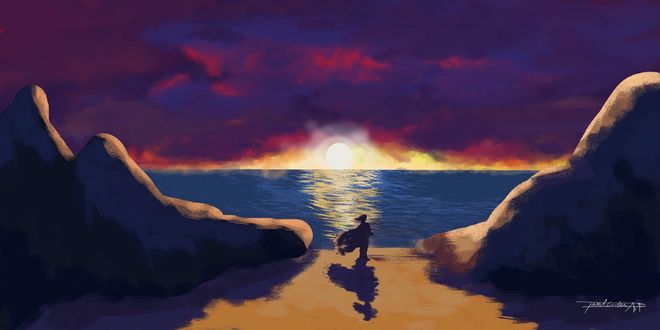 Обои на рабочий стол Девушка стоит у моря на фоне заката, by Paul Cristea