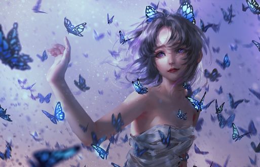 Обои на рабочий стол Вокруг Kochou Shinobu / Кочо Шинобу порхают бабочки, персонаж из манги и аниме Kimetsu no Yaiba / Клинок, рассекающий демонов, art by N I X E U