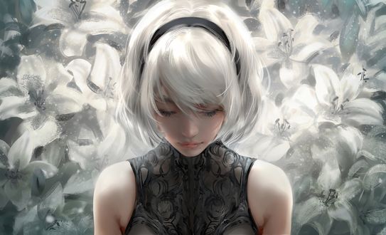 Обои на рабочий стол Андроид YoRHa No. 2 Type B на фоне белых цветов лилии, персонаж из игры NieR: Automata, art by N I X E U