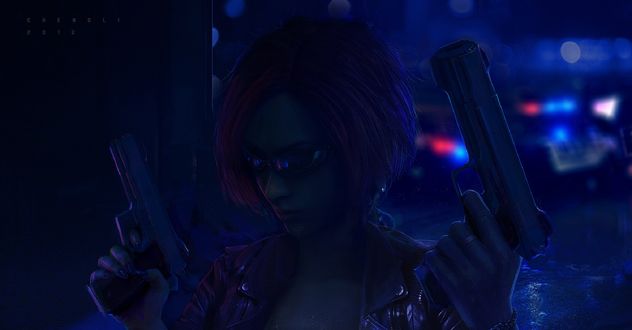 Обои на рабочий стол Девушка-киберпанк с пистолетами, by Cheng LI