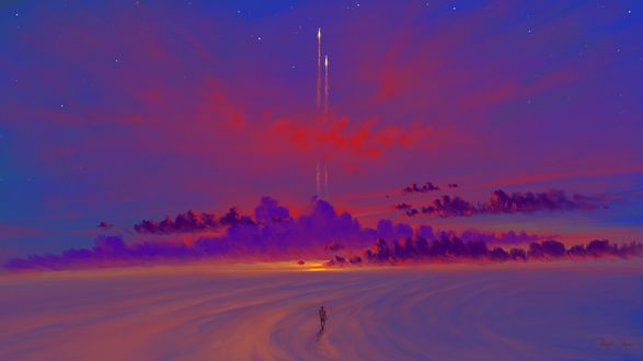 Обои на рабочий стол Ракеты летящие в облочном закатном небе, digital art by BisBiswas