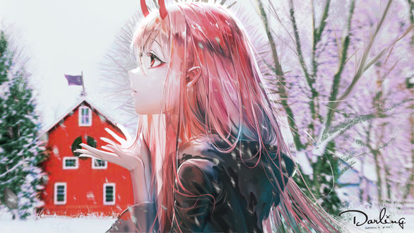 Обои на рабочий стол Zero Two / Зеро Ту (Йота) на фоне небольшого красного дома, главная героиня из аниме Darling in the FranXX / Милый во Франкcе, art by Sayuki