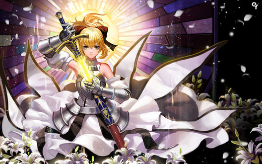 Обои на рабочий стол Saber / Сейбер (Saber Lily / Сейбер Лили) достает меч из ножен, персонаж из серии игр и аниме Fate / Stay Night и Fate / Unlimited Codes, art by Liang Xing