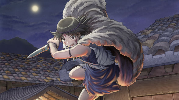 Обои на рабочий стол Сан / San с кинжалом в руках, персонаж из аниме Mononoke Hime / Princess Mononoke / Принцесса Мононоке, art by Chiaki Rkutarou