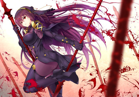 Обои на рабочий стол Scathach / Скатах с копьями в руках, персонаж из игры и аниме Fate / Grand Order / Судьба: Великий Приказ, art by Emanon 123