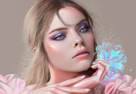 Обои на рабочий стол Девушка с цветком в руке, by vurdem