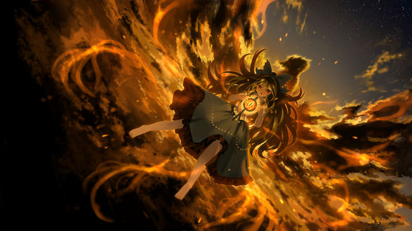 Обои на рабочий стол Yakumo Yukari парит в воздухе на фоне облаков, игра Touhou Project / Проект Восток, by Laiwu Lukong