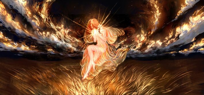 Обои на рабочий стол Девушка с сиянием в руках парит над полем, by Maggerlan - Yolve Evigilatio-mamamiasenioritta