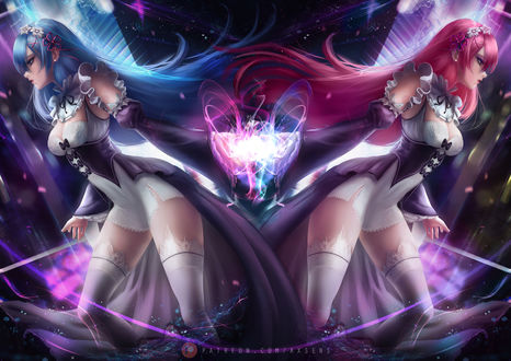 Обои на рабочий стол Демонические сестры Rem / Рем и Ram / Рам персонажи из аниме Re: Zero kara Hajimeru Isekai Seikatsu / Re: Жизнь с нуля в параллельном мире, art by Axsens