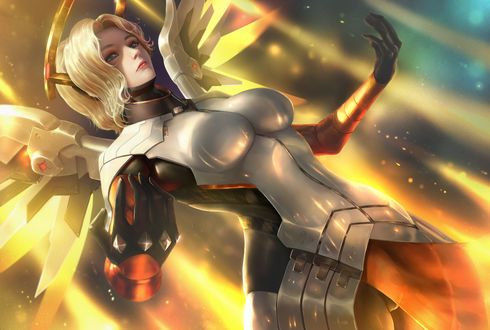 Обои на рабочий стол Mercy / Ангел / Ангела Циглер из игры Overwatch / Дозор, art by Limgae
