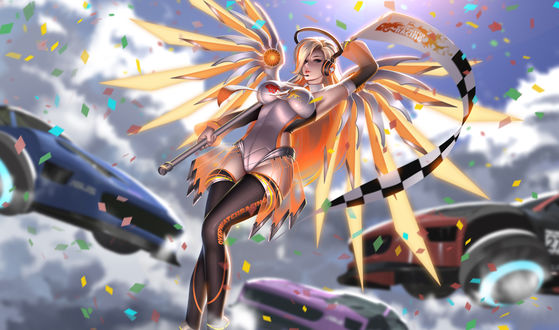 Обои на рабочий стол Mercy / Ангел / Ангела Циглер из игры Overwatch / Дозор на фоне летающих автомобилей, art by Liang Xing