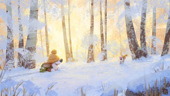 Обои на рабочий стол Корги и мышка гуляют по зимнему лесу, by Lynn Chen