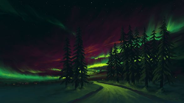 Обои на рабочий стол Пейзаж природы на фоне ночного сияния в облочном небе, by BisBiswas