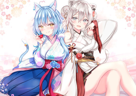 Обои на рабочий стол Девушки-кошки Yukihana Lamy и Shishiro Botan виртуальные ютуберы Hololive, art by Yuano