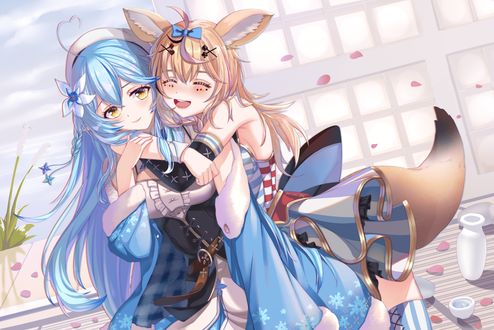 Обои на рабочий стол Yukihana Lamy и девушка-лисица Omaru Polka виртуальные ютуберы Hololive