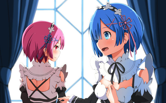 Обои на рабочий стол Rem / Рем и Ram / Рам из аниме Re:Zero kara Hajimeru Isekai Seikatsu / Re:Zero. Жизнь с нуля в альтернативном мире