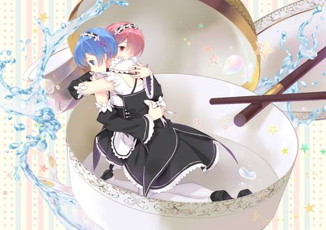 Обои на рабочий стол Rem / Рем и Ram / Рам из аниме Re:Zero kara Hajimeru Isekai Seikatsu / Re:Zero. Жизнь с нуля в альтернативном мире
