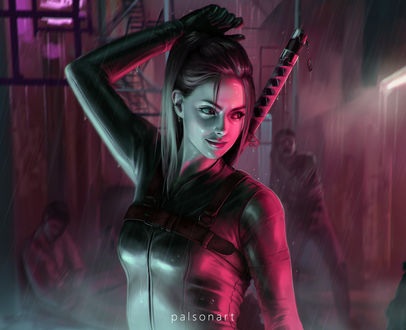 Обои на рабочий стол Девушка с катаной за спиной, by Paulina Bochniak