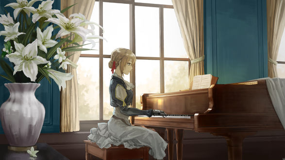 Обои на рабочий стол Violet Evergarden / Вайолет Эвергарден играет на рояле, аниме Violet Evergarden