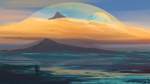 Обои на рабочий стол Фантастический пейзаж чужой планеты, digital art by JoeyJazz