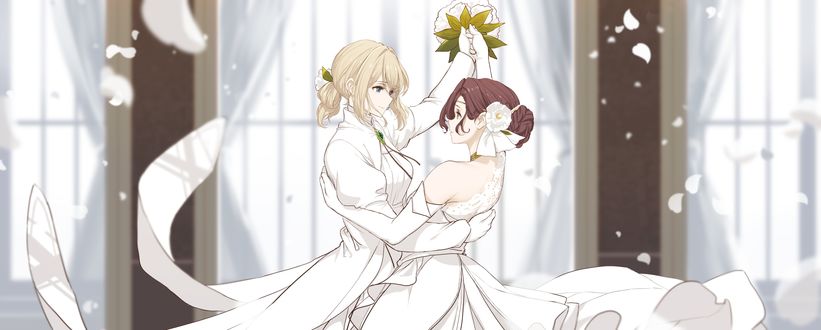 Обои на рабочий стол Violet Evergarden / Вайолет Эвергарден и Isabella York / Изабелла Йорк кружат в танце, персонажи из анимационного фильма Violet Evergarden Gaiden: Eien to Jidou Shuki Ningyou / Вайолет Эвергарден: Вечность и призрак пера art by Dishwasher1910