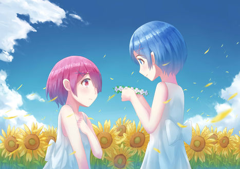 Обои на рабочий стол Rem / Рем и Ram / Рам из аниме Re:Zero kara Hajimeru Isekai Seikatsu / Re:Zero. Жизнь с нуля в альтернативном мире