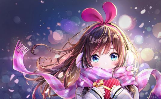 Обои на рабочий стол Kizuna AI японский виртуальный идол и видеоблогер A. I. Channel, держит в руках коробку конфет, art by Dana (hapong07)