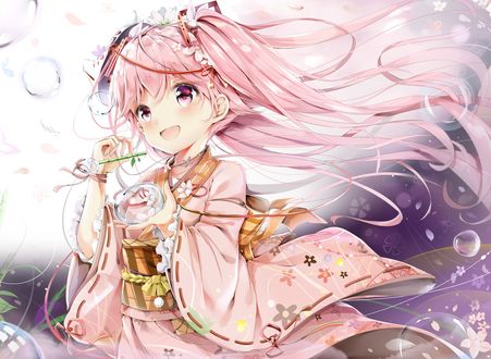 Обои на рабочий стол Vocaloid Hatsune Miku (Sakura Miku) / Вокалоид Хатсунэ Мику (Сакура Мику) пускает мыльные пузыри, art by Chintora0201