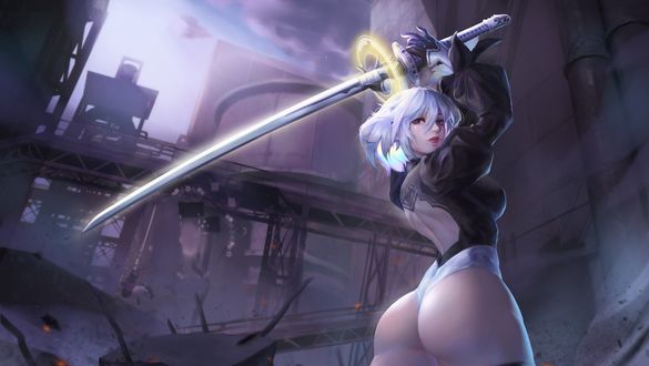 Обои на рабочий стол Андроид YoRHa No. 2 Type B взмахнула мечем, персонаж из игры NieR: Automata, art by Rtngan