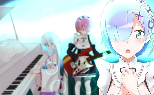 Обои на рабочий стол Emilia / Эмилия, Rem / Рем и Ram / Рам из аниме Re:Zero kara Hajimeru Isekai Seikatsu / Re:Zero. Жизнь с нуля в альтернативном мире