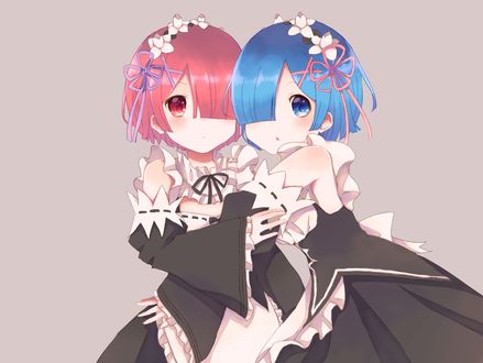 Обои на рабочий стол Rem / Рем и Ram / Рам из аниме Re:Zero kara Hajimeru Isekai Seikatsu / Re:Zero. Жизнь с нуля в альтернативном мире