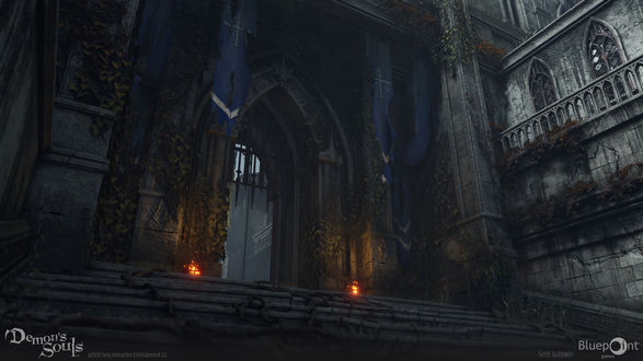 Обои на рабочий стол Inner Ward, ступени ведущие к вратам, официальный арт к игре Demon’s Souls 2020 художник по окружению Seth Baldwin, Bluepoint Games