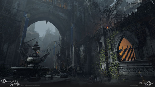 Обои на рабочий стол Inner Ward, обветшалый внутренний двор с фонтаном, официальный арт к игре Demon’s Souls 2020 художник по окружению Seth Baldwin, Bluepoint Games