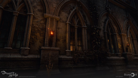 Обои на рабочий стол Inner Ward, горящие факелы на фасаде здания, официальный арт к игре Demon’s Souls 2020 художник по окружению Seth Baldwin, Bluepoint Games