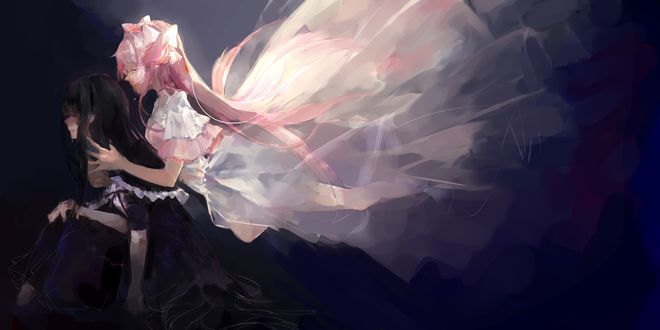Обои на рабочий стол Madoka Kaname / Мадока Канамэ и Homura Akemi / Хомура Акэми из аниме Mahou Shoujo Madoka Magika / Девочка-волшебница Мадока