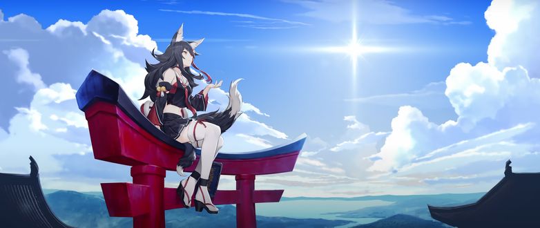 Обои на рабочий стол Девушка-лиса Ookami Mio сидит на вратах тории, из аниме Virtual Youtuber / Виртуальный Ютубер / Hololive