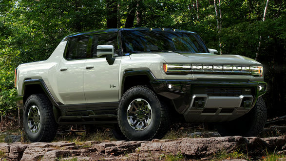 Обои на рабочий стол Белый автомобиль GMC Hummer EV стоит в лесу