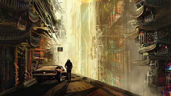 Обои на рабочий стол Cyberpunk city / Киберпанк-город, мужчина стоит на улице возле автомобиля, digital art by Megan Evetts